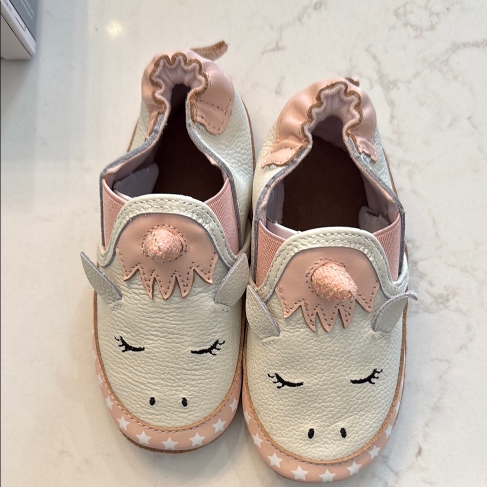 Robeez Pink and Cream Unicorn Slippers with Elastic Sides